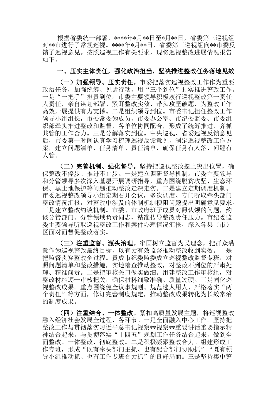2022.10 公文市委巡视整改进展情况报告.docx_第1页
