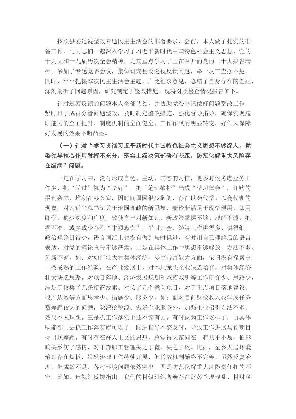2022.10 公文巡察整改专题民主生活会个人对照检查问题.docx_第1页