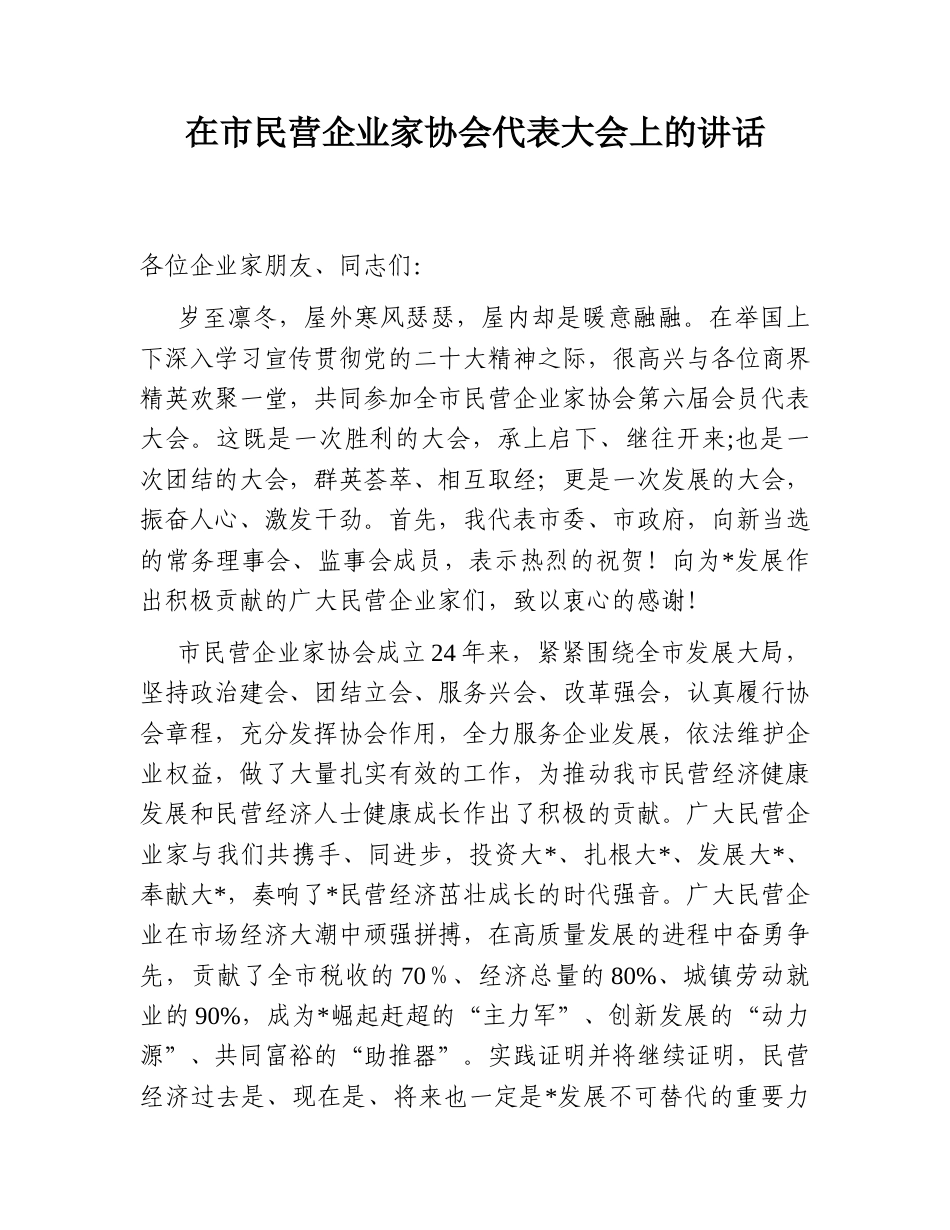 2022.10 公文在市民营企业家协会代表大会上的讲话.doc_第1页