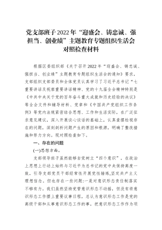 2023公文 党支部班子2022“迎盛会、铸忠诚、强担当、创业绩”主题教育专题组织生活会对照检查材料.docx