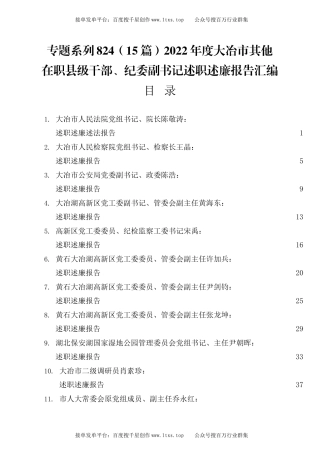 公文 专题系列824（15篇）2022年度大冶市其他在职县级干部、纪委副书记述职述廉报告汇编.docx