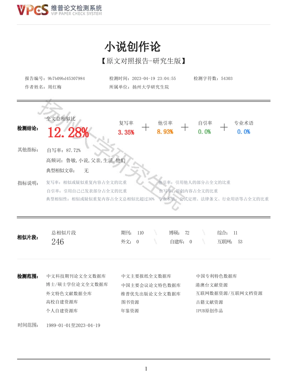 23年查重报告 硕论4万字汉语言文学中国现代文学 鲁敏小说创作论原文可复制报告-约58827字符.pdf_第1页
