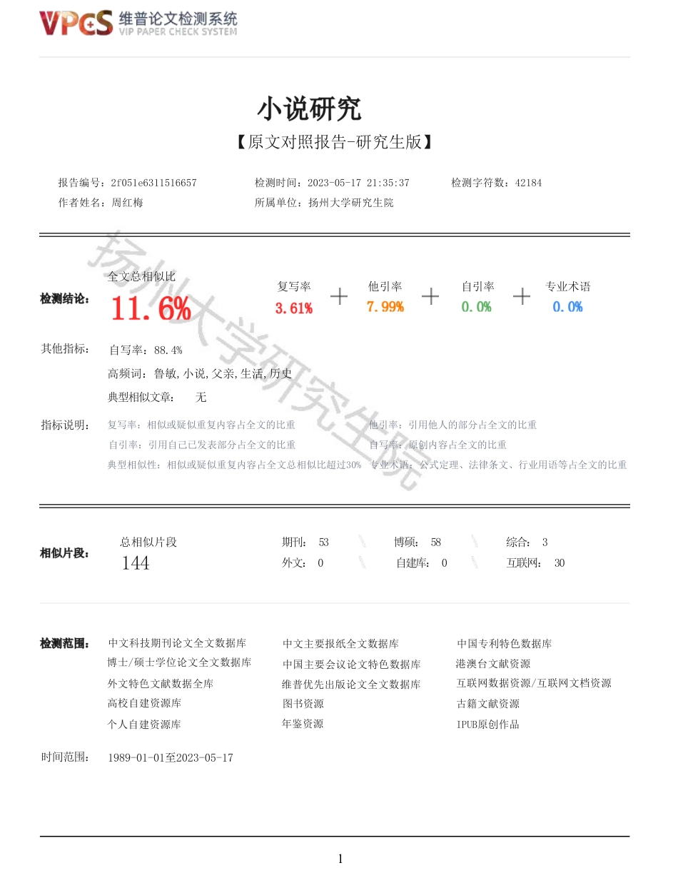 23年查重报告 硕论汉语言文学3万字5000 鲁敏小说研究_原文可复制报告-约45385字符.pdf_第1页