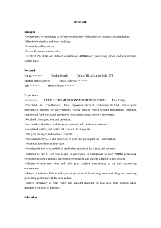 投资分析师英文简历 Investment Analysis.doc
