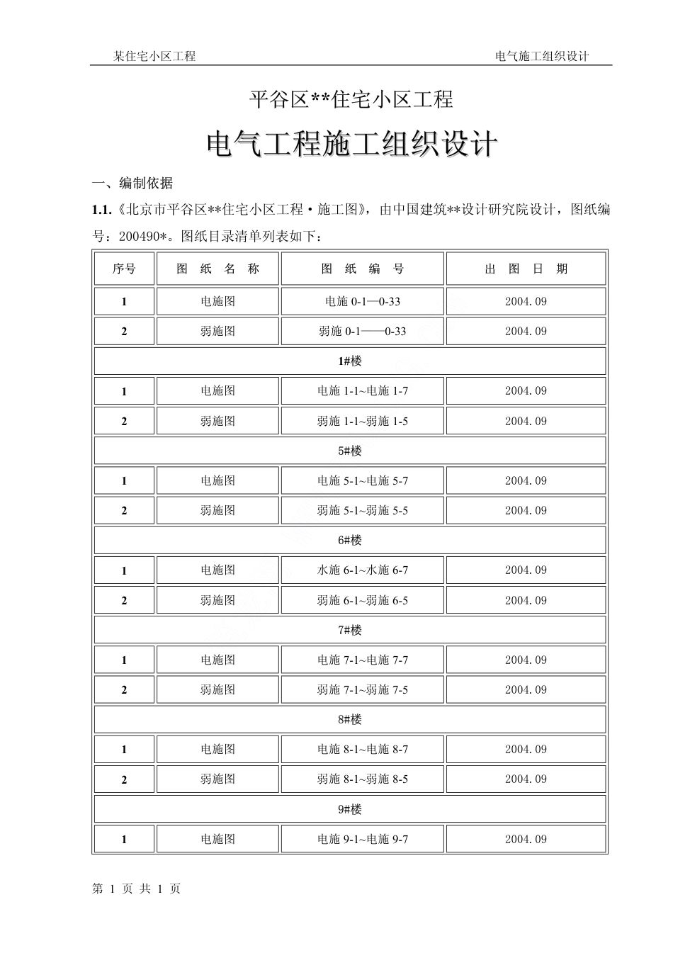 旧稿 谷区某住宅小区工程电气施工组织设计-约9275字符.pdf_第1页
