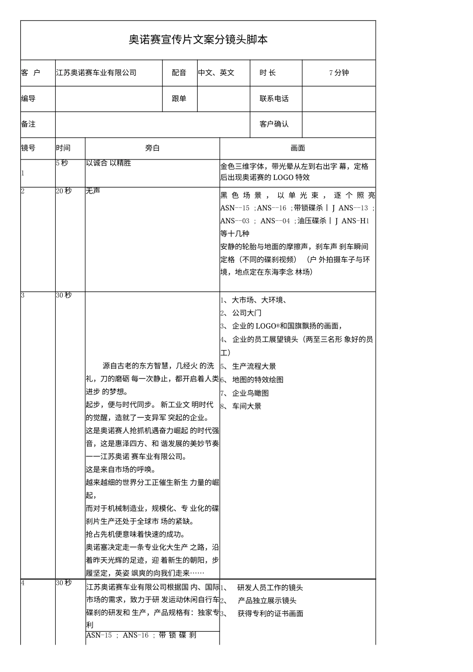 19-22年专题片脚本 奥诺赛赛车碟刹企业宣传片文案分镜头脚本-约2880字符.doc_第1页