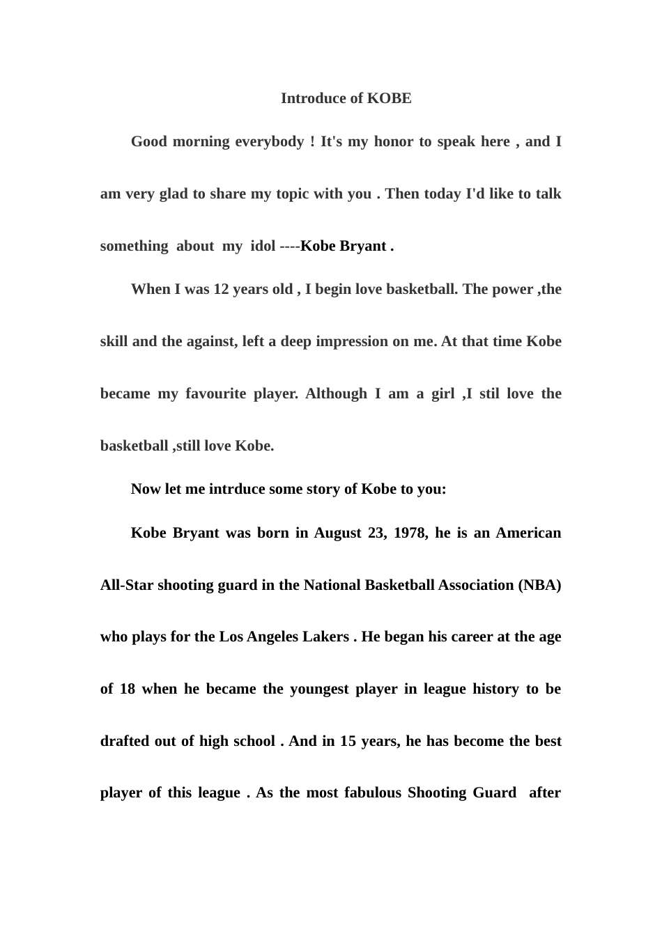 21收演讲稿 关于科比的英语演讲稿-约3210字符.doc_第1页