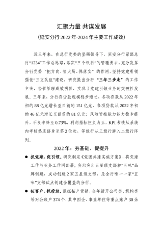 2024银行工作报告 汇聚力量 共谋发展（延安分行2022年-2024年主要工作成效-约1512字符.doc