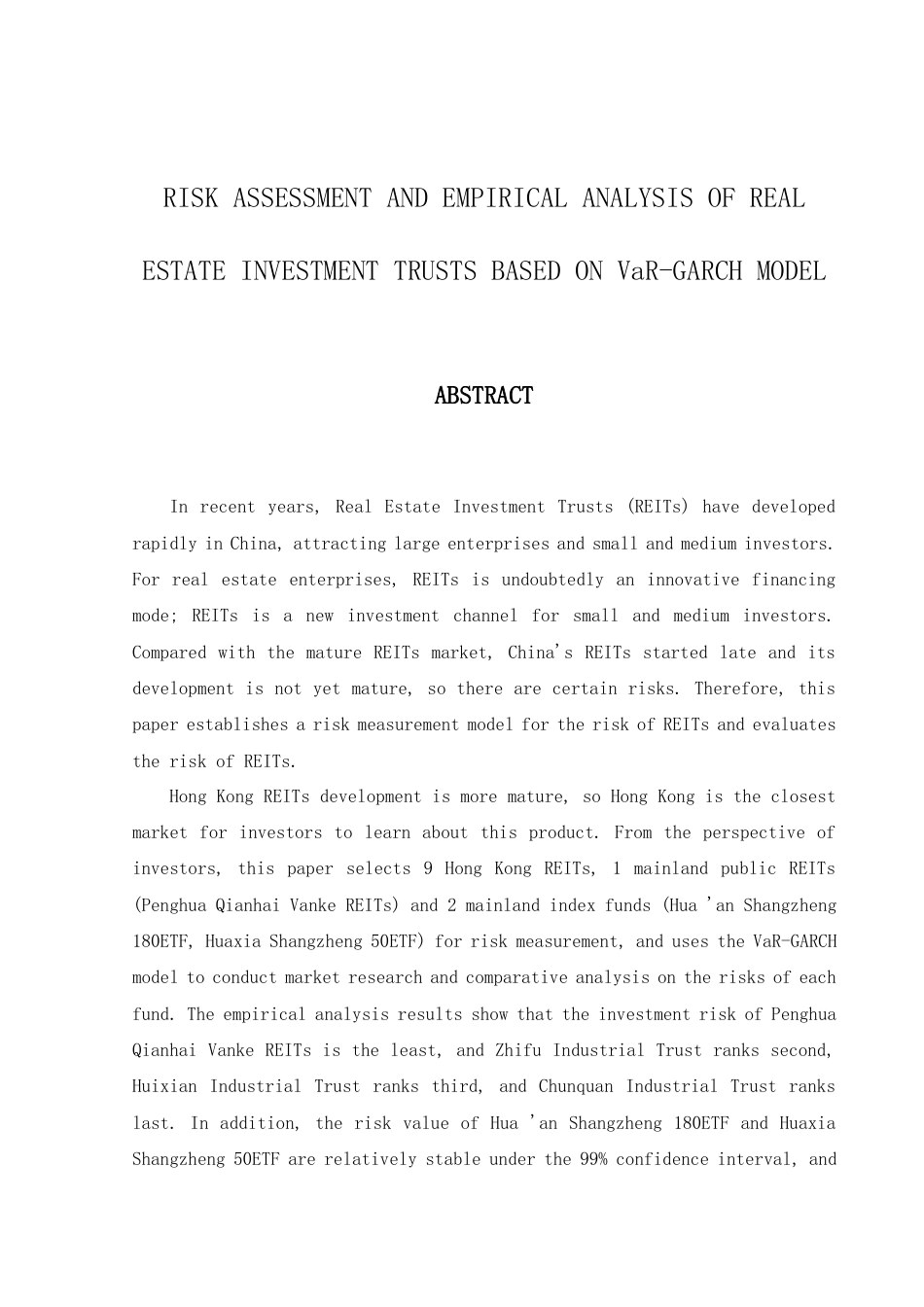22年WP 基于VaR-GARCH模型的房地产投资信托基金风险评估及实证分析-约37316字符.docx_第2页