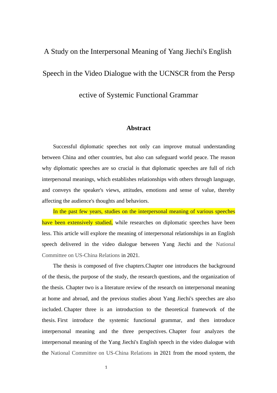 22年WP A Study on the Interpersonal Meaning of Yang Jiechi's English Speech in the Video Dialogue with the UCNSCR from the Perspective of Systemic Functional Grammar-约64517字符.docx_第1页