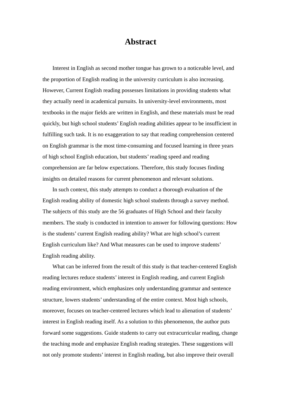 22年WP 朴莲美_A Survey of High School Student’s English Reading Ability-约42015字符.docx_第1页