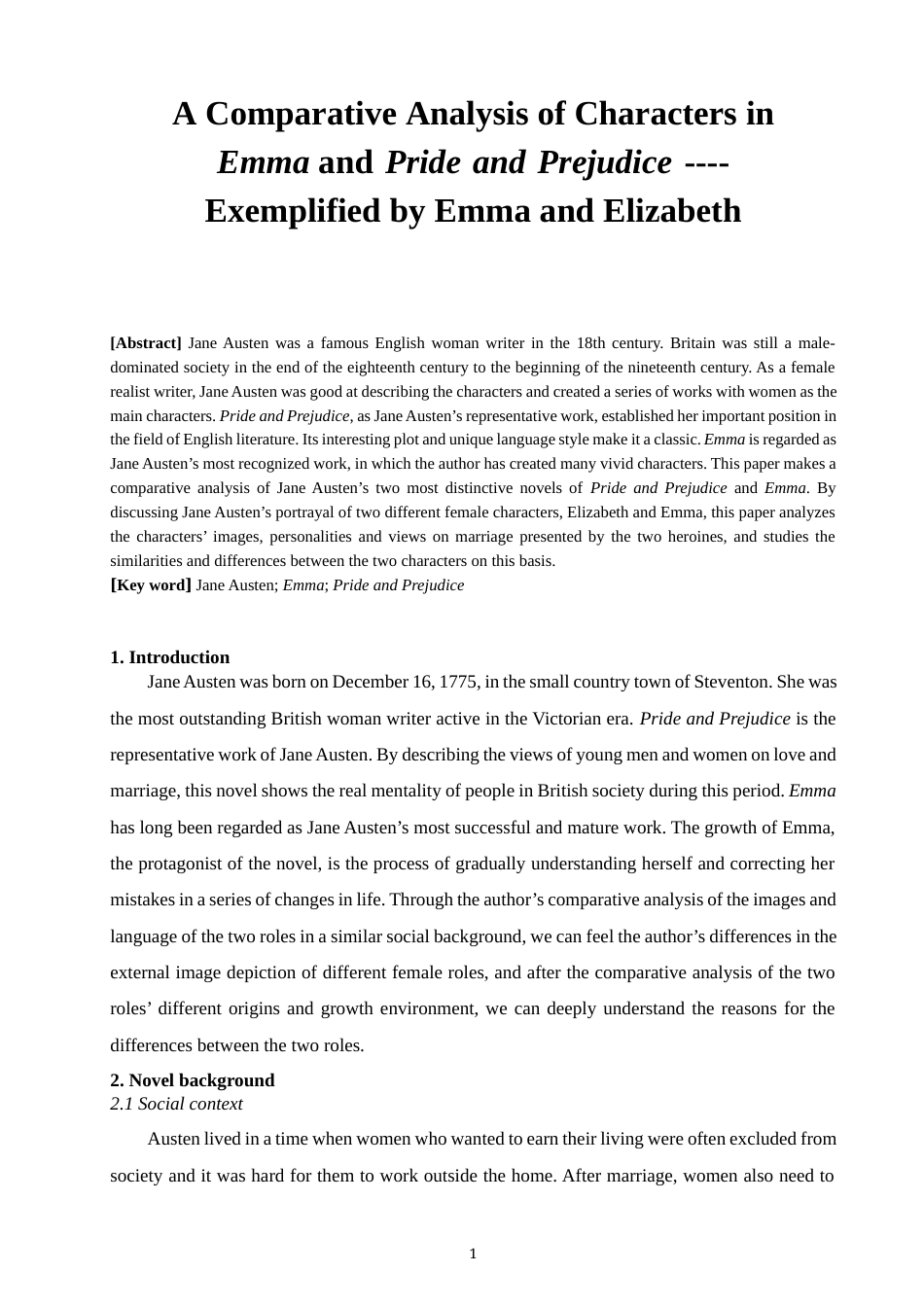 22年WP终稿 A Comparative Analysis of Characters in  Emma and Pride and Prejudice ---- Exemplified by Emma and Elizabeth-约23484字符.docx_第1页