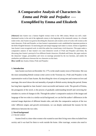 22年WP终稿 A Comparative Analysis of Characters in  Emma and Pride and Prejudice ---- Exemplified by Emma and Elizabeth-约23484字符.docx