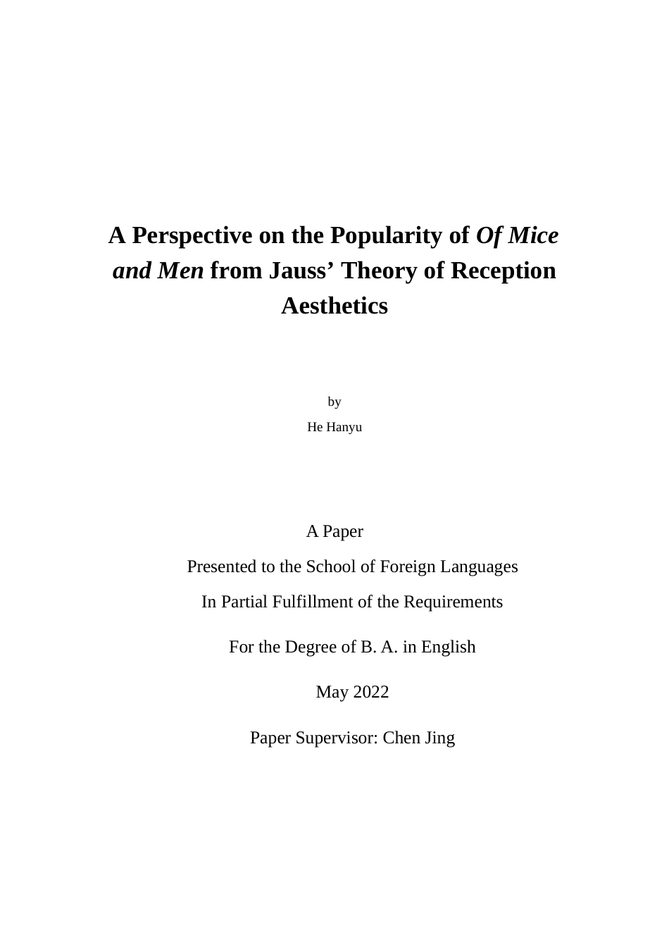 22年WP A Perspective on the Popularity of Of Mice and Men from Jauss’ Theory of Reception Aesthetics-约29559字符.docx_第1页