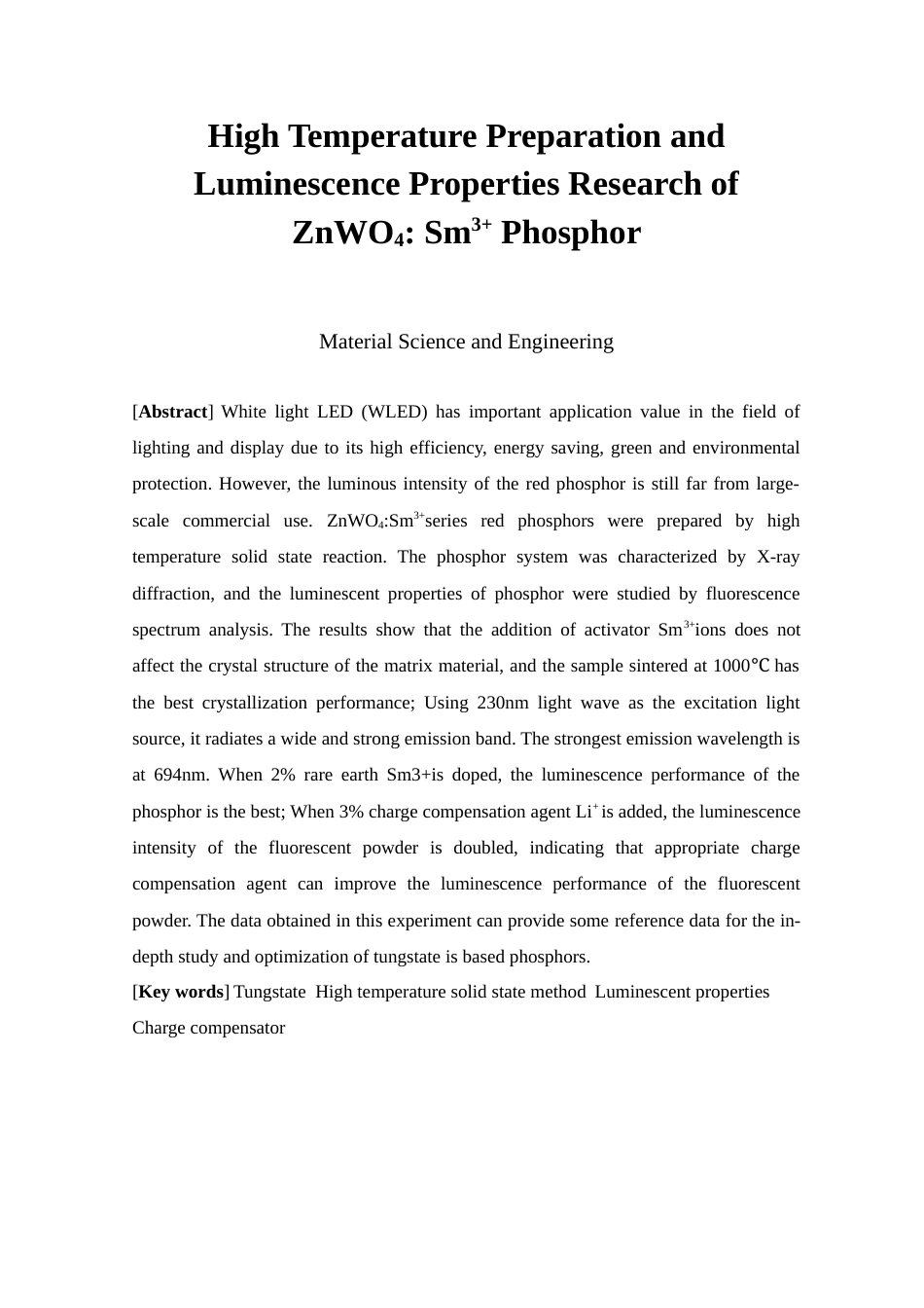 25年查重低 ZnWO4_Sm3荧光粉的高温制备及其发光性能研究.docx_第2页