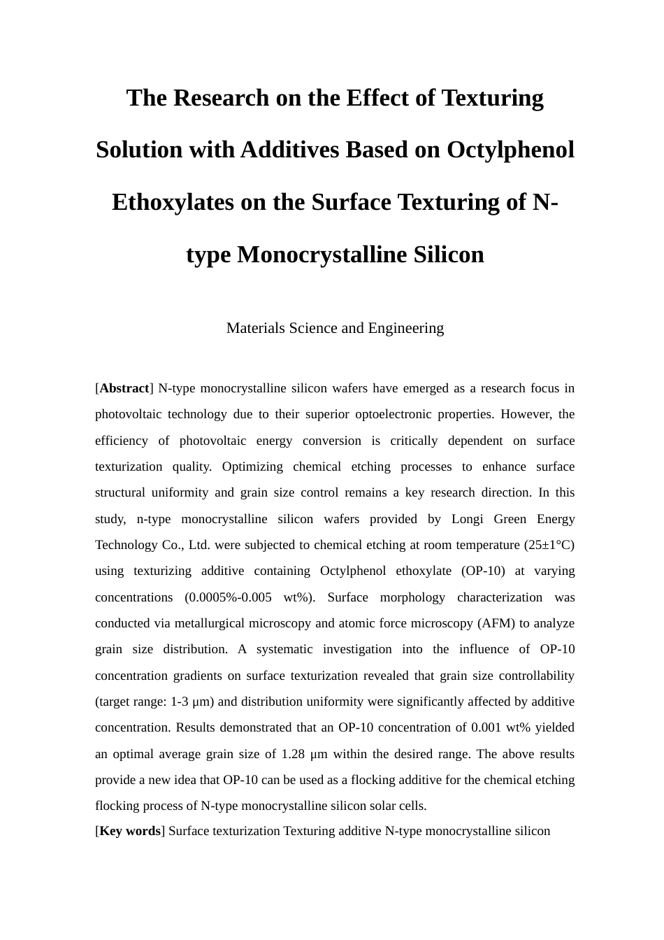 25年查重低 基于辛基酚聚氧乙烯醚制绒添加剂设计的制绒液对N型单晶硅表面织构化的研究.docx_第2页