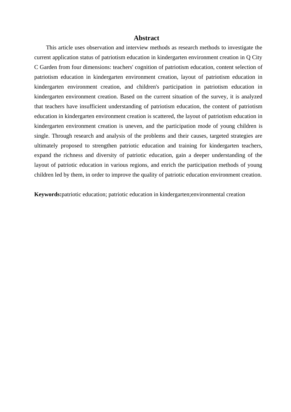 25年WP过AI学前教育-爱国主义教育在幼儿园环境创设中的应用研究-以Q市C园为例-查重率11.6AI5.260-约27493字符.doc_第2页