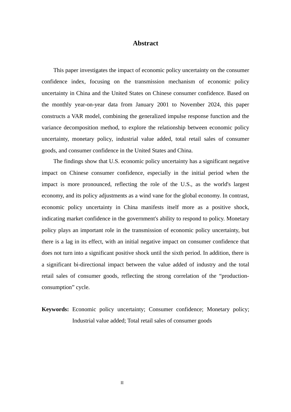 25年WP经济统计学 经济政策不确定性对消费者信心指数的影响分析 关键词：经济政策不确定性；消费者信心；货币政策；工业增加值；社会消费品零售总额终稿 过AI-约15798字符.docx_第2页