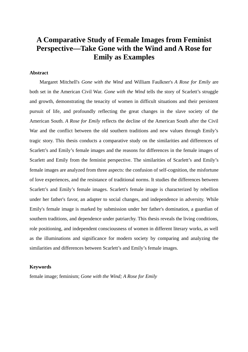 25年WP英语-女性主义视角下女性形象的比较研究——以《飘》和《献给艾米丽的玫瑰》为例8.910-6795.docx_第4页