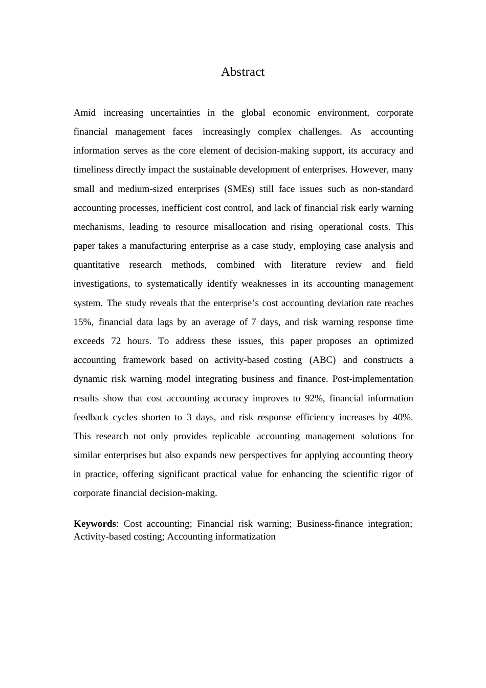 25年WP关键词：成本核算；财务风险预警；业财融合；作业成本法；会计信息化-约11958字符.docx_第2页