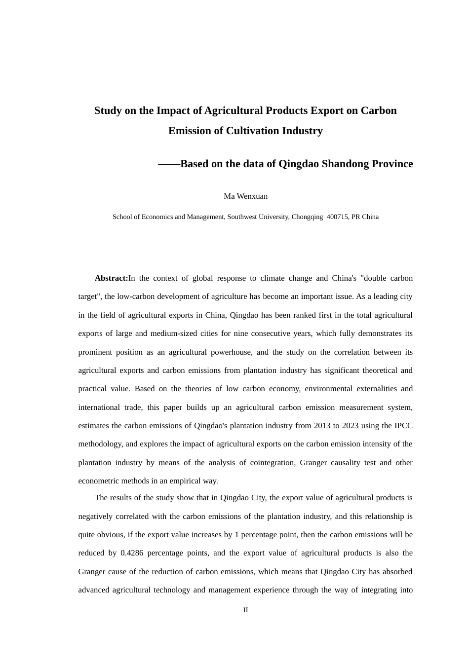 25年WH农林经济管理 农产品出口对种植业碳排放强度的影响 ——以山东省青岛市为例11.69-AI0.28最终稿-约17201字符.docx_第2页