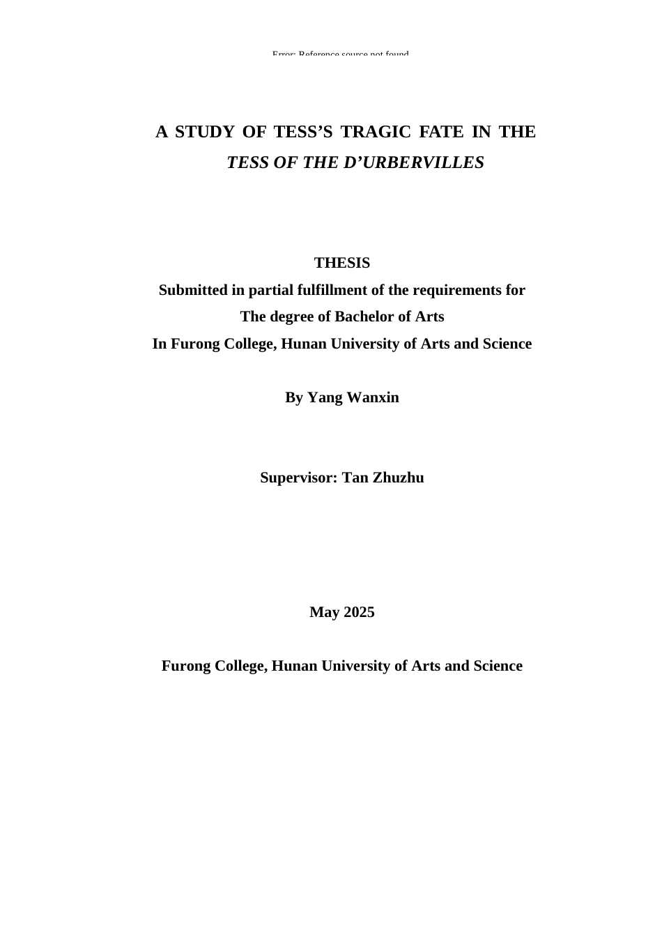 25年WH英语 A Study of Tess's Tragic in Tess of the D'Urbervilles. 《德伯家的苔丝》中苔丝的悲剧命运的研究。16.49-AI16.25_1-约30178字符.docx_第1页