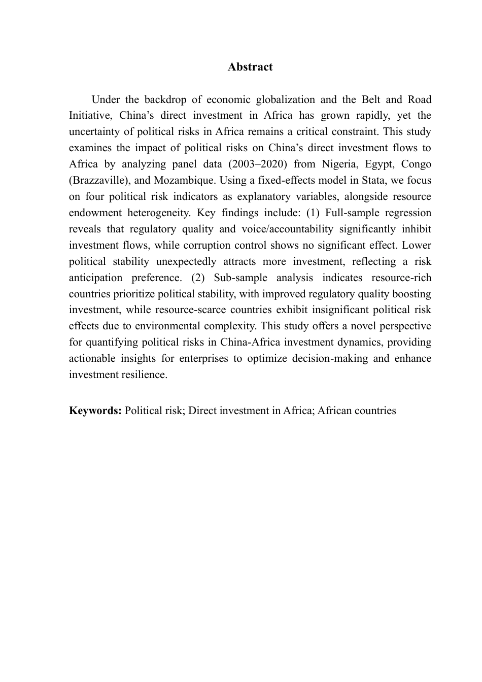 25年CH国际经济与贸易 非洲政治风险对中国在非投资量的影响-约21386字符.pdf_第3页