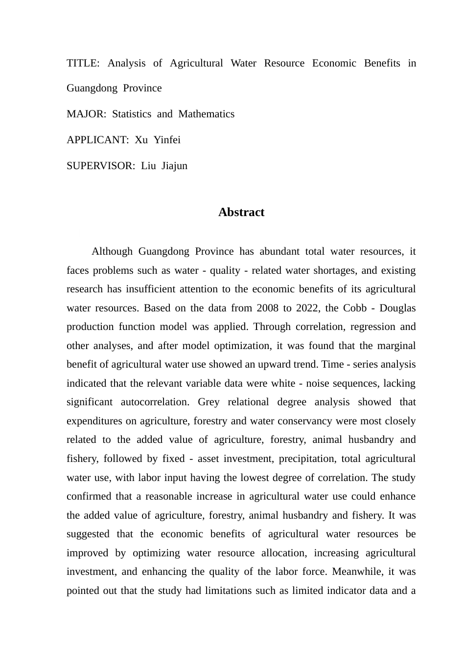 25年CH数学与应用数学 关键词：农业水资源；经济效益；Cobb-Douglas函数；时间序列；灰色关联度终稿-约12395字符.docx_第2页