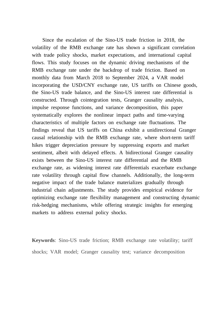 25年CH金融学 关键词：中美贸易摩擦；人民币汇率波动；关税冲击；VAR模型；格兰杰因果检验；方差分解终稿-约9007字符.docx_第3页