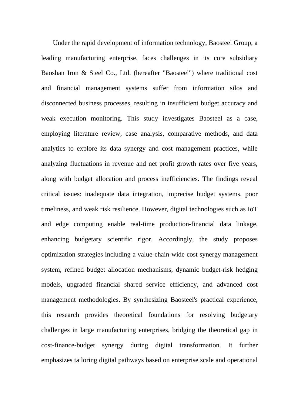 25年CH财务管理 数字化转型下制造业企业基于成本与财务协同的预算优化研究——以宝钢集团为例终稿-约21447字符.docx_第3页