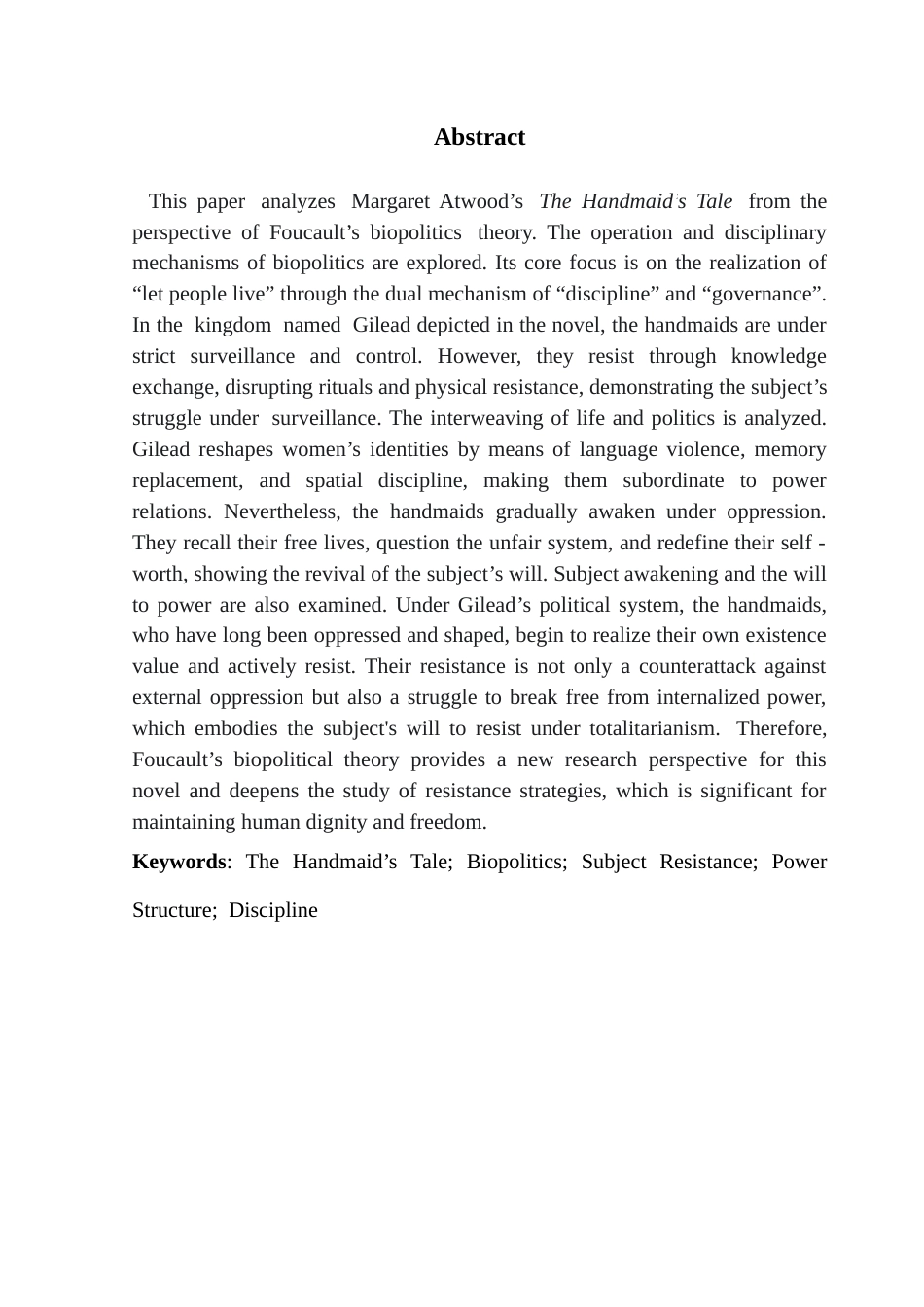 25年CH商务英语 关键词：使女的故事》；生命政治理论；主体抵抗；权力结构；权力规训-约43728字符.docx_第3页
