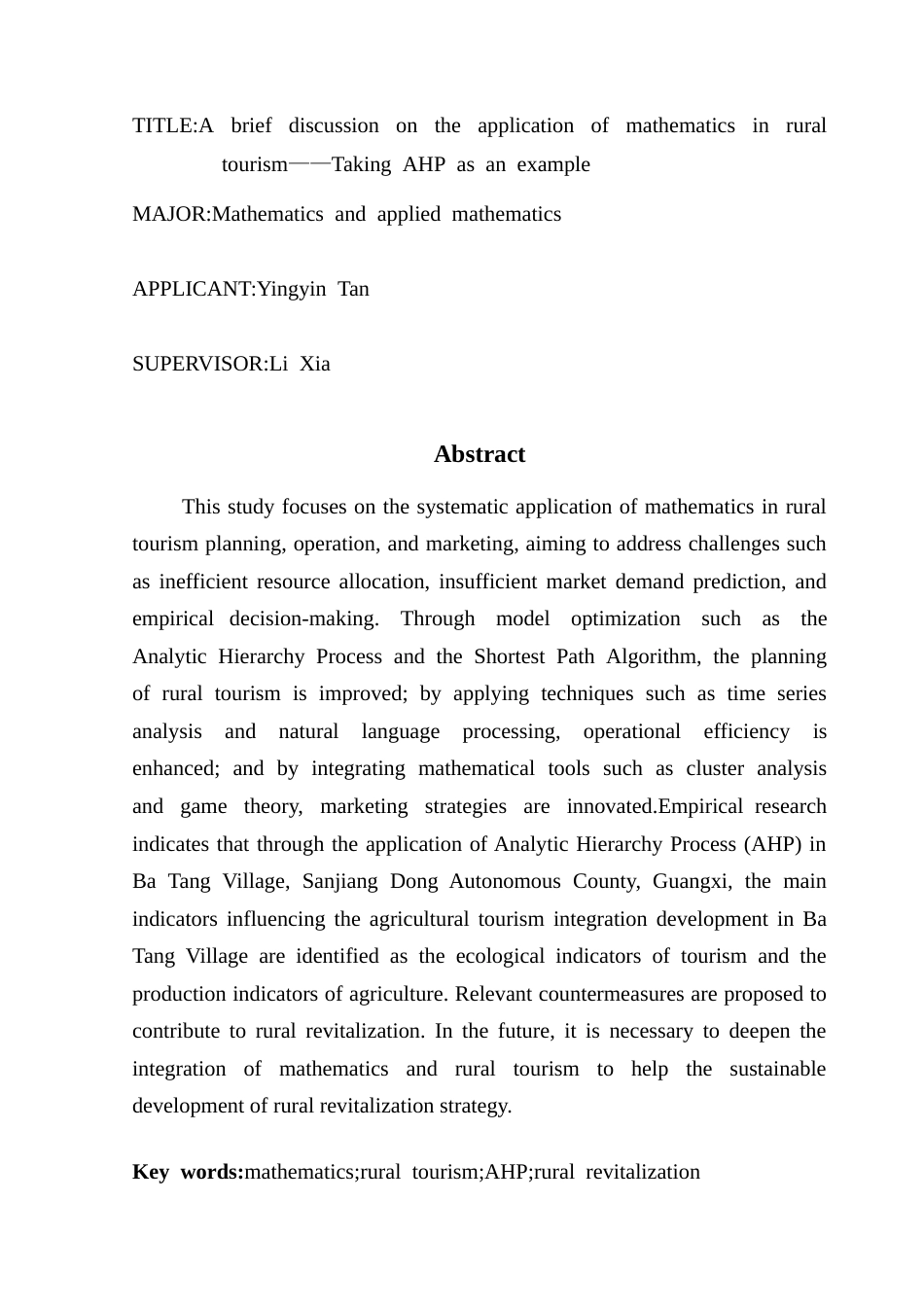 25年CH数学与应用数学 浅谈数学在乡村旅游业中的应用研究-以层次分析法为例终稿-约11938字符.docx_第2页