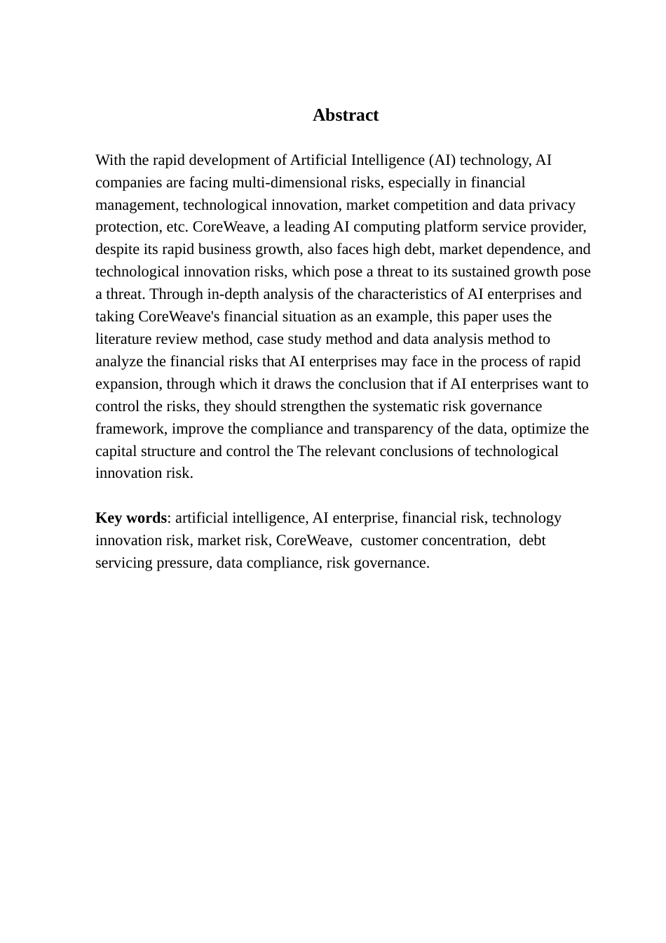 25年CH会计学 关键词：人工智能、AI企业、财务风险、技术创新风险、市场风险、CoreWeave、客户集中度、偿债压力、数据合规性、风险治理。终稿-约46965字符.docx_第2页