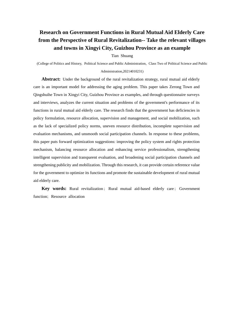 25年CH政治学与行政学 乡村振兴视域下农村互助养老中的政府职能研究--以贵州省兴义市相关村镇为例关键词：乡村振兴；农村互助养老；政府职能；资源配置-约15610字符.docx_第2页