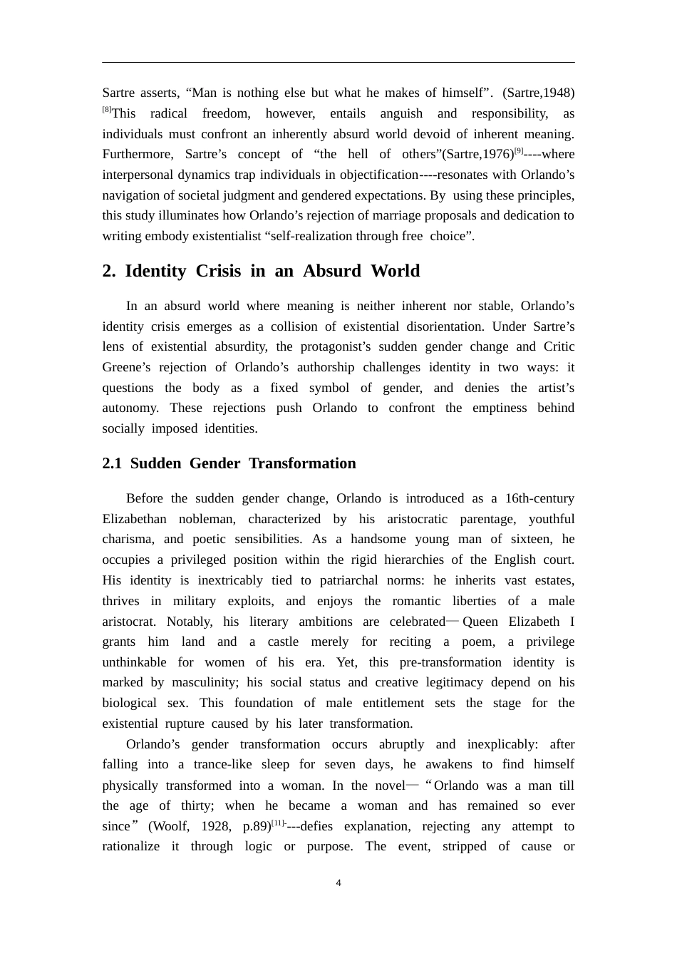 25年CH英语 AnAnalysisofOrlandosPursuitofSelf-Identity from the Perspective of Sartre’s Existentialism-约36303字符.docx_第4页