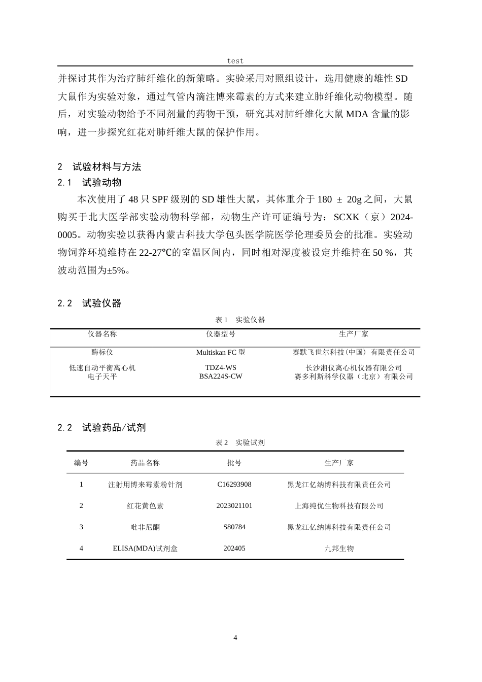 25年CH药学 红花黄色素对肺纤维化大鼠组织丙二醛的影响-约12401字符.docx_第4页
