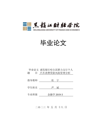 23年WP金融学-浦发银行哈尔滨群力支行个人汽车消费贷款风险管理分析-2019511129-严斌.doc