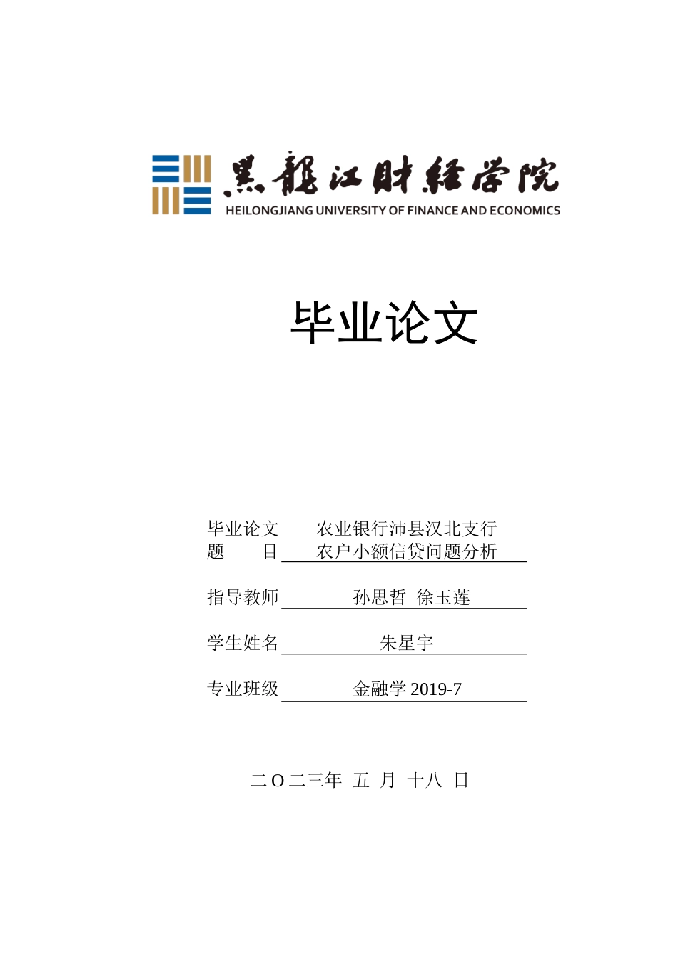 23年WP金融学-农业银行沛县汉北支行农户小额信贷问题分析-2019510476-朱星宇.doc_第1页