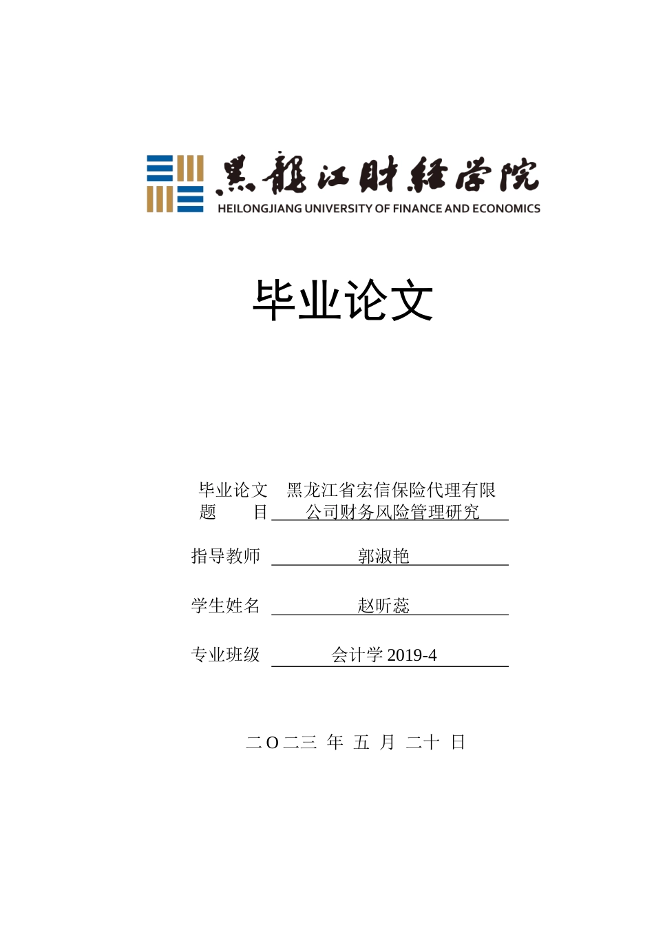 23年WP会计学-黑龙江省宏信保险代理有限公司财务风险管理研究-2019511912-赵昕蕊.doc_第1页