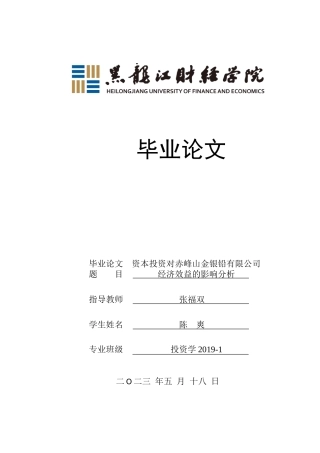 23年WP投资学-资本投资对赤峰山金银铅有限公司经济效益的影响分析-2019510449-陈爽.doc