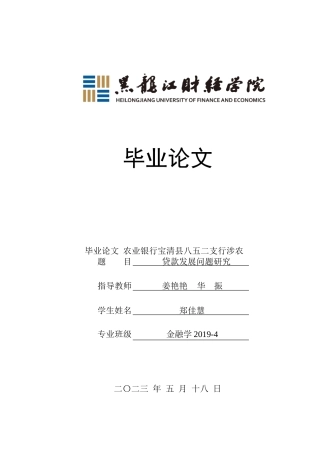 23年WP金融学-农业银行宝清县八五二支行涉农贷款发展问题研究-2019512245-郑佳慧.doc