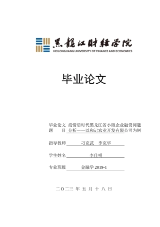 23年WP金融学-疫情后时代黑龙江省小微企业融资问题分析——以和记公司为例-2019512801-李佳明.doc