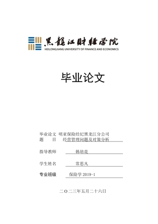 23年WP保险学-明亚保险经纪黑龙江分公司运营管理问题及对策分析-2019513010-常思凡.docx