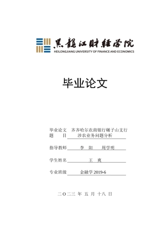 23年WP金融学-齐齐哈尔农商银行碾子山支行涉农业务问题分析-2019511885-王爽.docx
