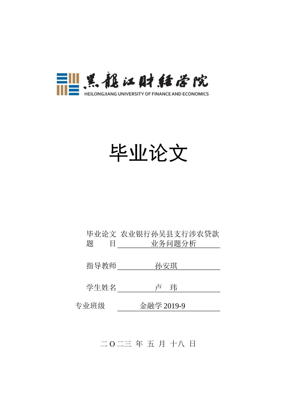 23年WP金融学-农业银行孙吴县支行涉农贷款业务问题分析-2019512320-卢玮.docx_第1页