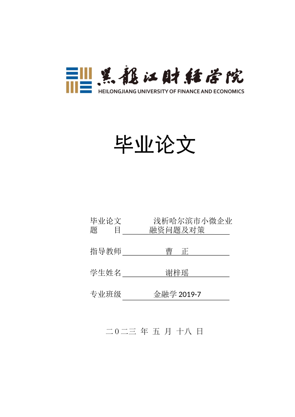 23年WP金融学-浅析哈尔滨市小微企业融资问题及对策-2019513152-谢梓瑶.docx_第1页