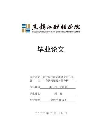 23年WP金融学-农业银行淮安洪泽支行不良贷款问题及对策分析-2019510480-周璇.docx