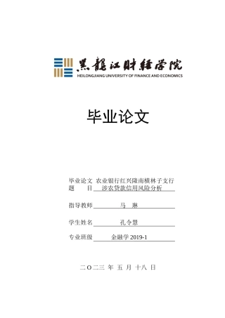 23年WP金融学-农业银行红兴隆南横林子支行涉农贷款信用风险分析-2019511630-孔令慧.docx