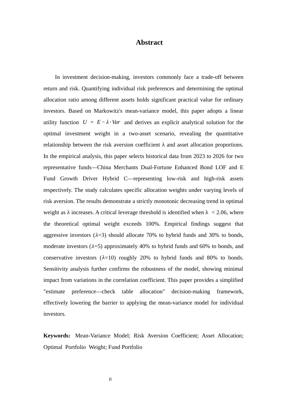 26年WH数学与应用数学 决策中的期望-方差权衡：基于两种资产的最优投资比例分析7.88-AI23.29-约9118字符.docx_第2页