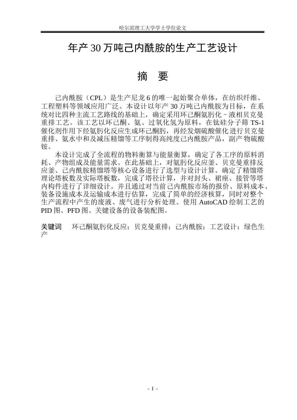 26年WP化学工程与工艺 年产30万吨己内酰胺的生产工艺设计10.01-AI24.22_1(24150字).docx_第1页